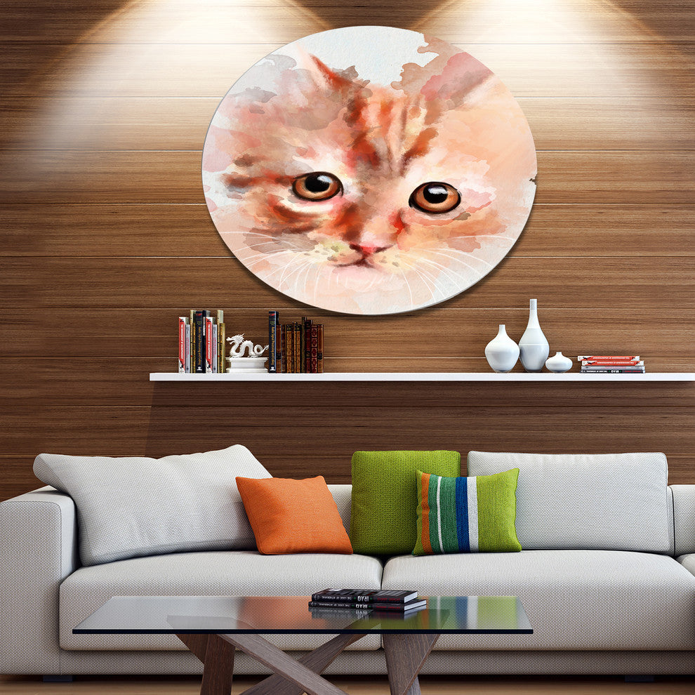 Red Watercolor Kitten Sketch, Modern Animal Round Wall Art, 11"