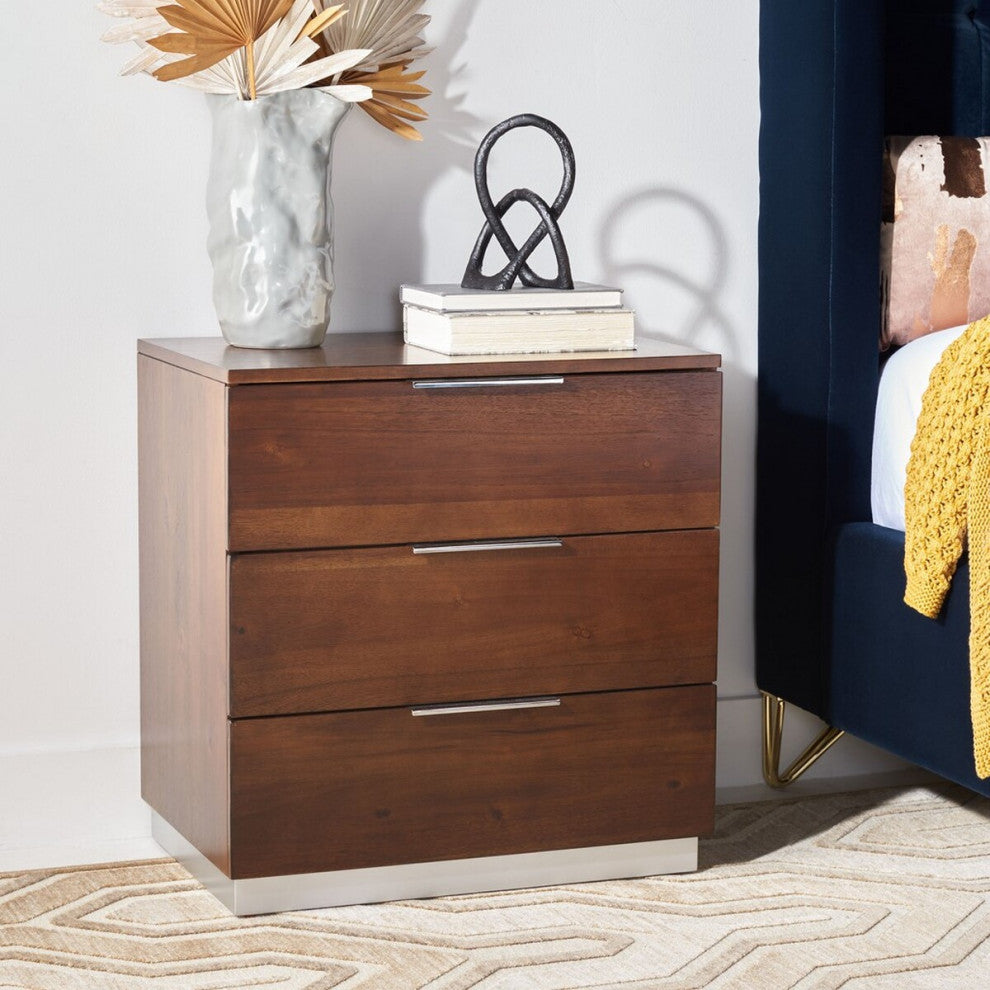 Safavieh Brylin 3 Drawer Nightstand, Dark Walnut