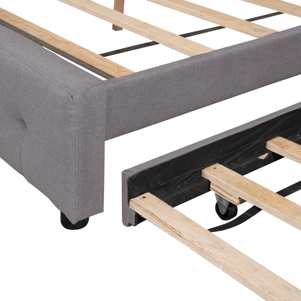 Queen Wood Frame Platform Bed with Drawers and Twin XL Trundle, Grey, Queen