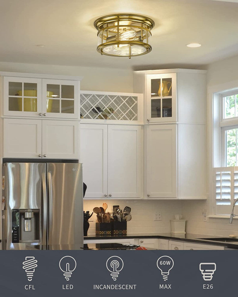2 Light Ceiling Light, Flush Mount, Gold
