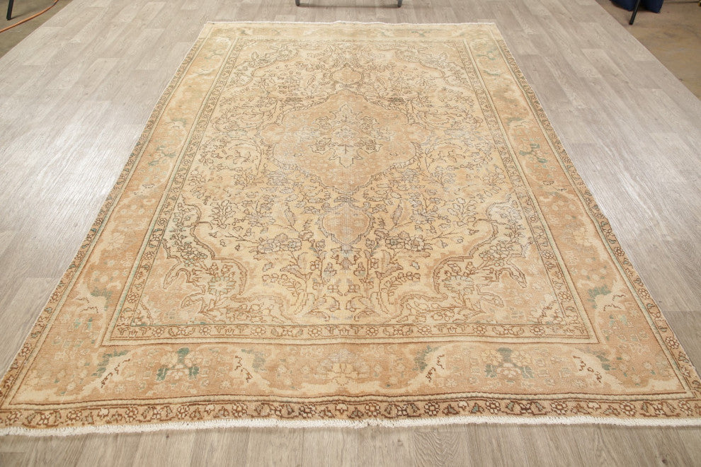 Consigned, Distressed Traditional Vintage Area Rug Handmade Persian, Yellow, 7x9