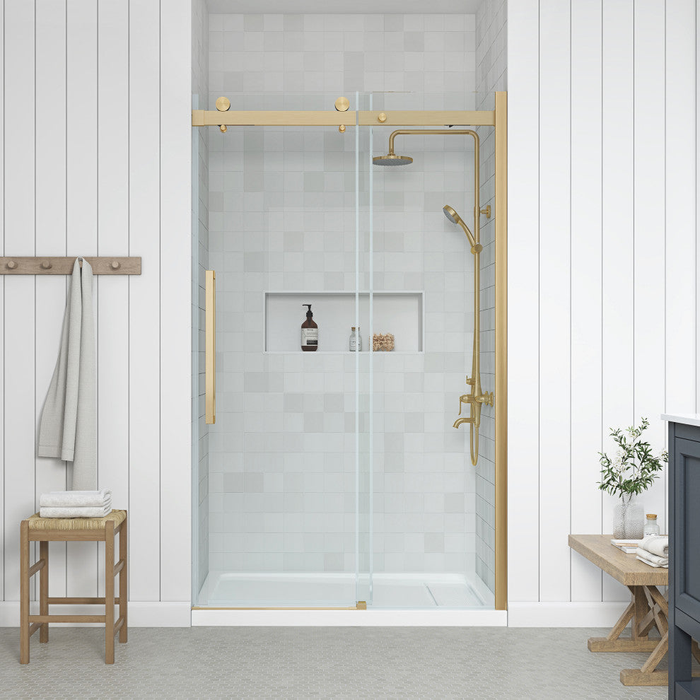 Bel Soft-Close Frameless Sliding Soft Close Shower Door, Gold, 48"
