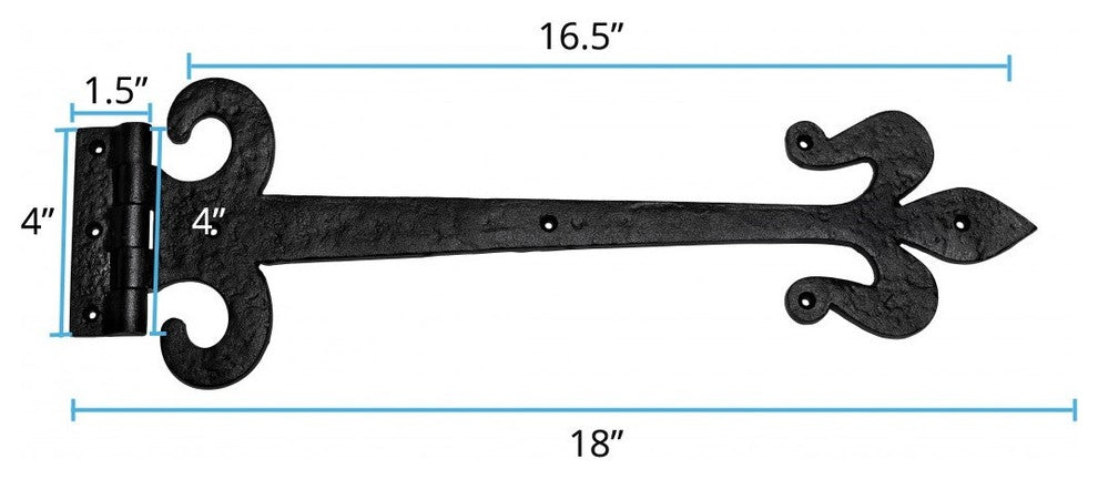 Black Wrought Iron Door Strap Hinge 18" L Fleur De Lis Rust Resistant Pack of 2