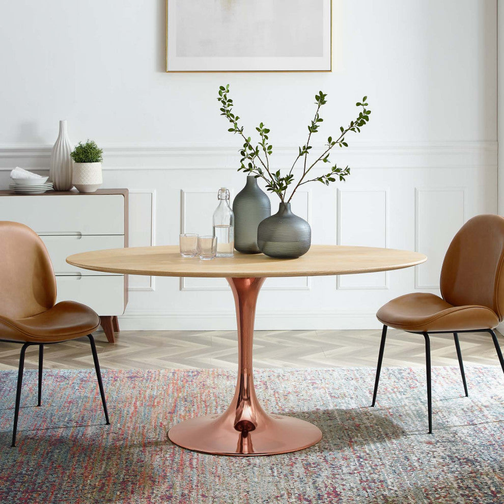Dining Table, Oval, Wood, Rose Gold Brown Natural, Modern, Bistro Restaurant
