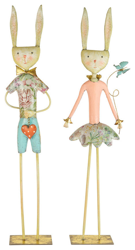 Set of Two Painted Metal Long Leg Boy and Girl Rabbits