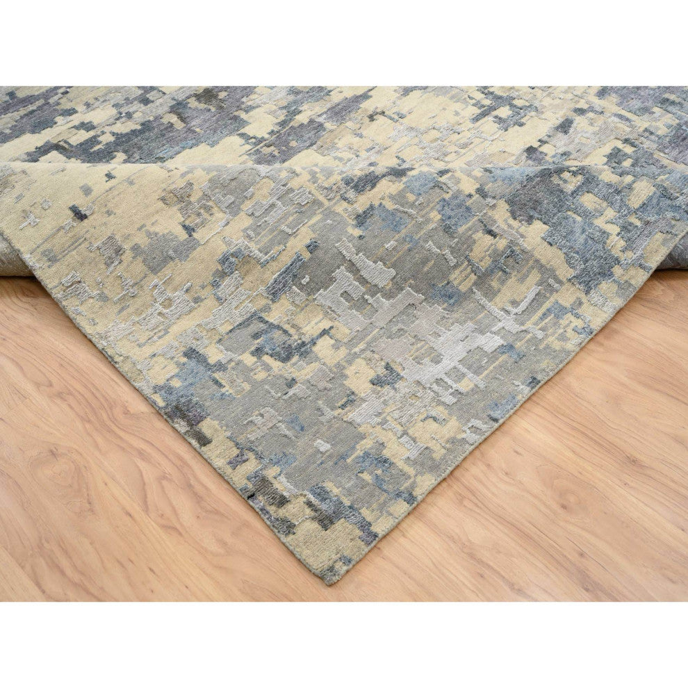 Gray Wool and Silk Hand Knotted Modern Abstract Design Oversized Rug 12'0"x17'9"