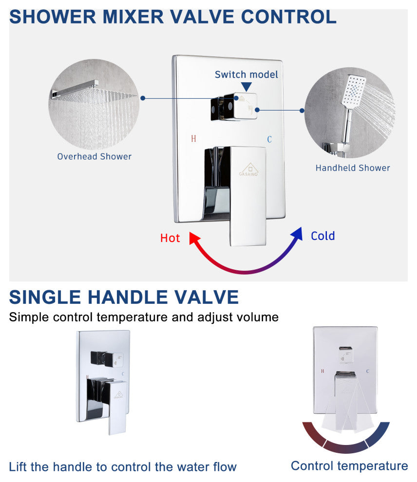 CASAINC 12" Ceiling Mounted Luxury Rainfall Shower Head System w Handheld Spray, Chrome