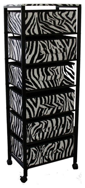 Zebra Black and White Rolling Six Drawer Tower Organizer