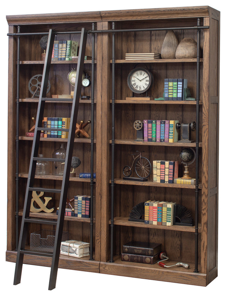 8' Tall Bookcase Wall With Ladder, Storage Organizer, Brown
