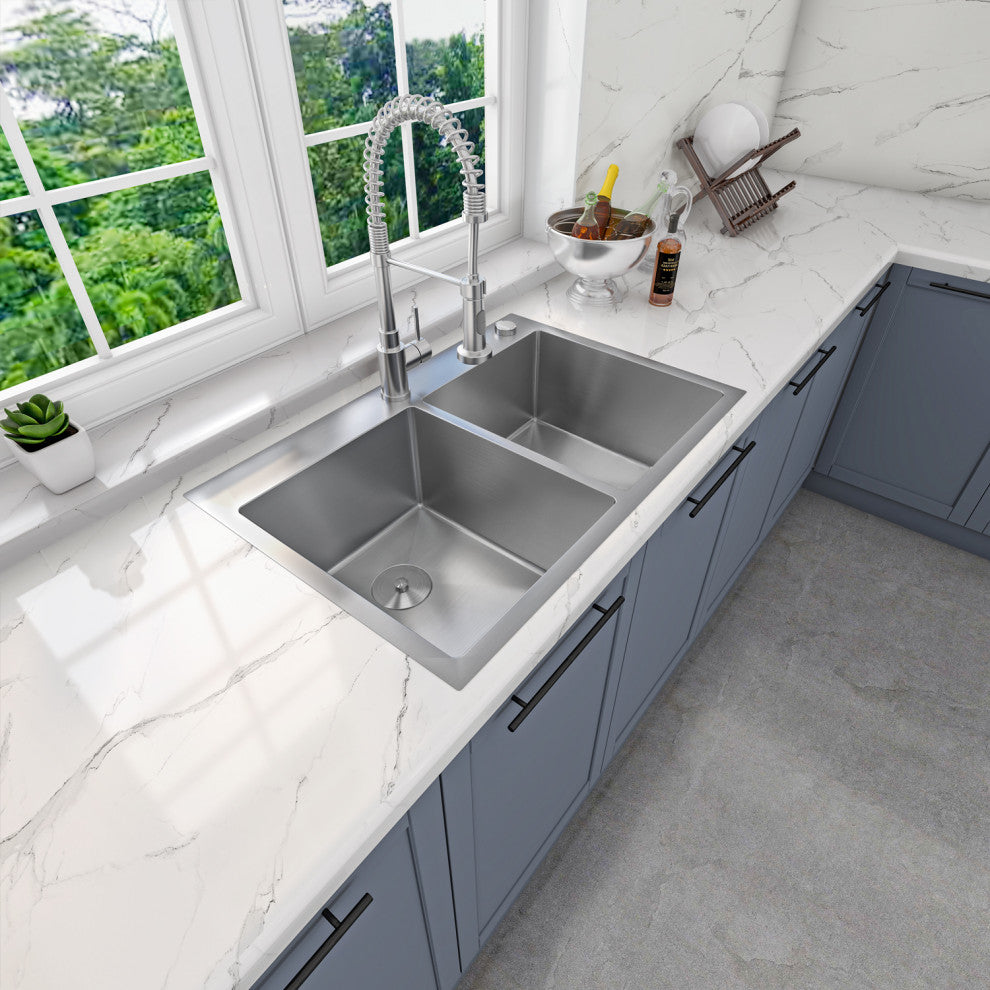 Sinber Double Bowl Kitchen Sink with 304 Stainless Steel Satin Finish, 33"x22"x9", Drop in