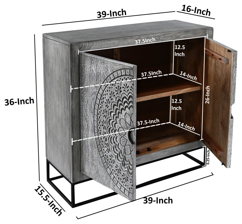 Zera 39" Accent Cabinet 2 Doors Medallion Carving Gray Mango Wood Black Iron