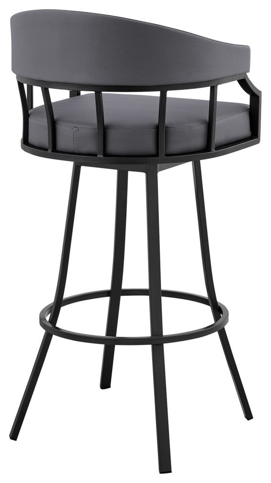 Benzara BM281951 30" Bar Stool, Swivel Chair, Faux Leather Cushion, Gray, Black