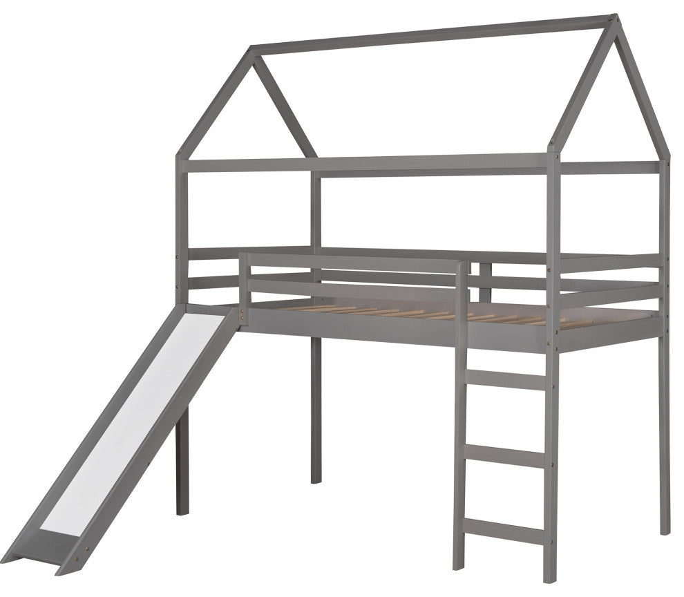 Gewnee Twin Loft Bed with Slide, House Bed with Ladder in Gray