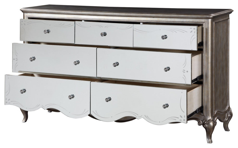 Benzara BM251274 Dresser With Mirror Front and Molded Trim, Antique Silver