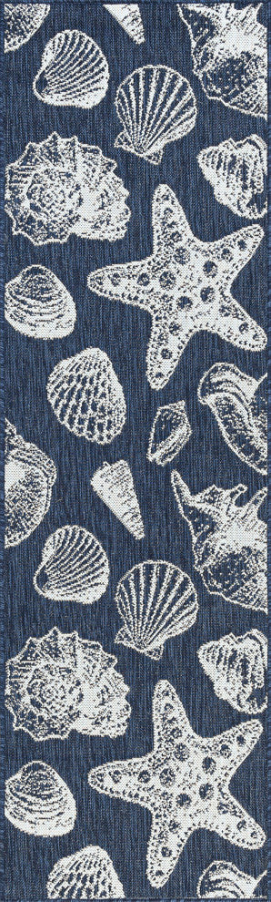 Sanibel Novelty Coastal Navy/Cream Indoor/Outdoor Runner Rug, 2.7'x10'