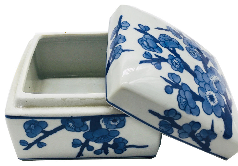 Blue & White Chinoiserie Square Ceramic Box - Cherry Blossom