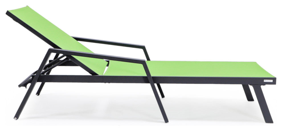 LeisureMod Marlin Chaise Lounge Chair With Arms and Fire Pit Table, Green