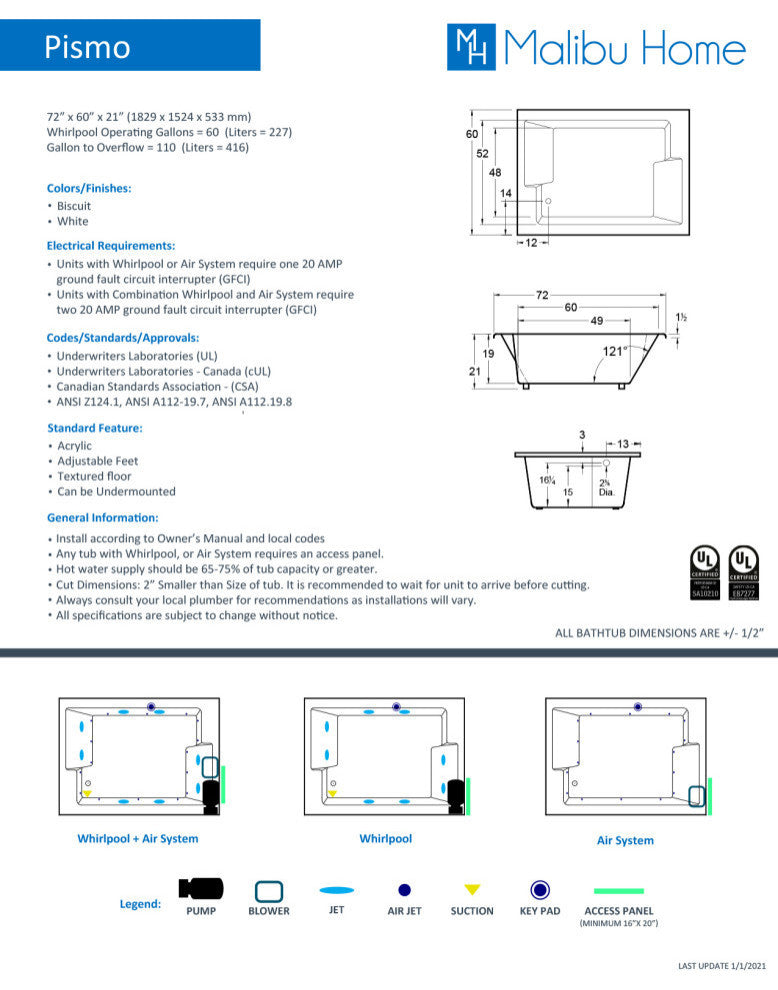 Malibu Pismo Rectangle Combination Whirlpool and Air Bathtub 72x60x22 Biscuit