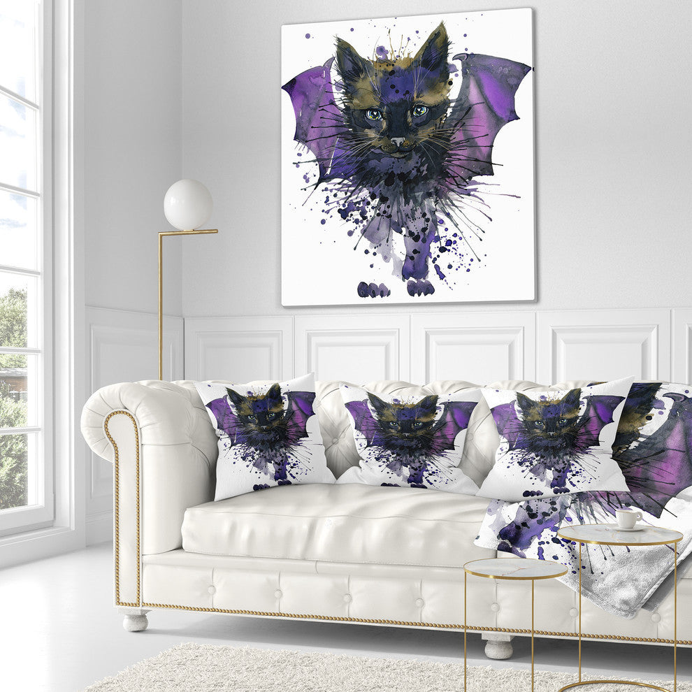 Black Cat With Blue Wings Animal Throw Pillow, 16"x16"