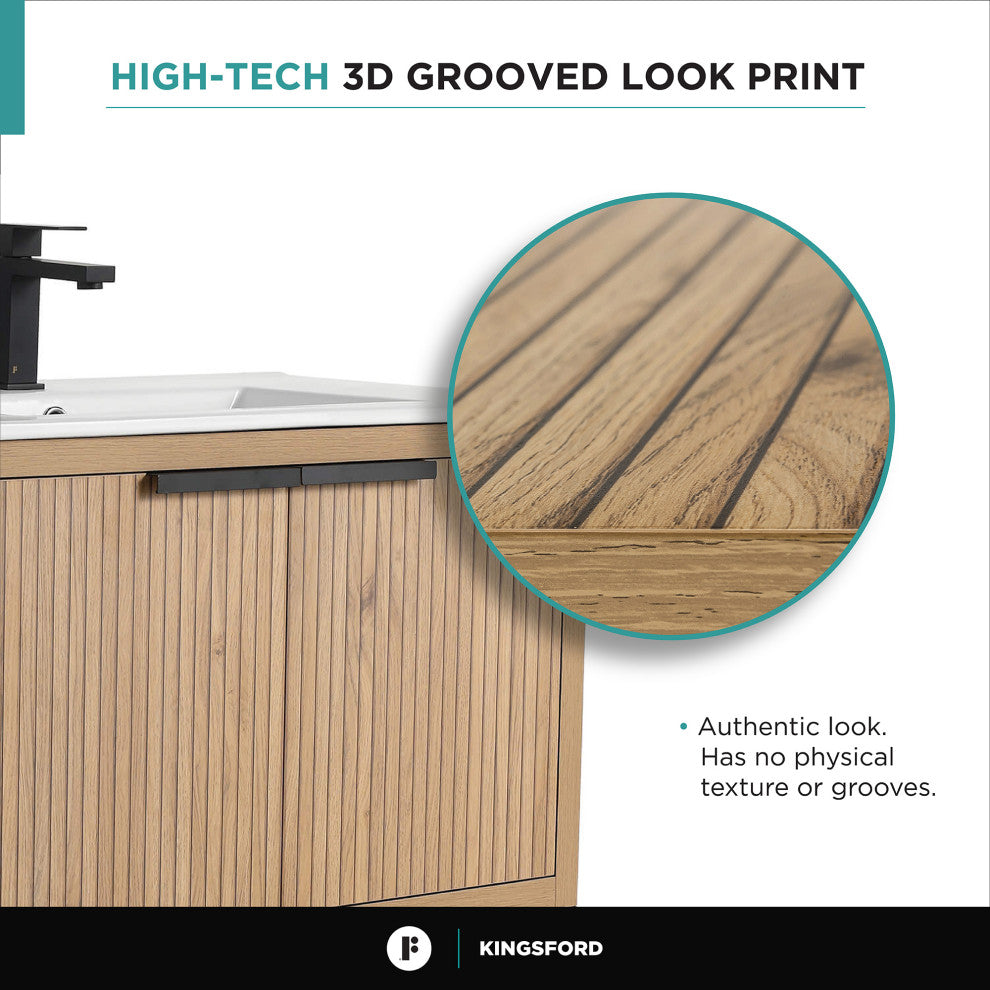 Kingsford Grooved-Look Bath Vanity, Bright Oak, White Ceramic Sink, 30", Doors