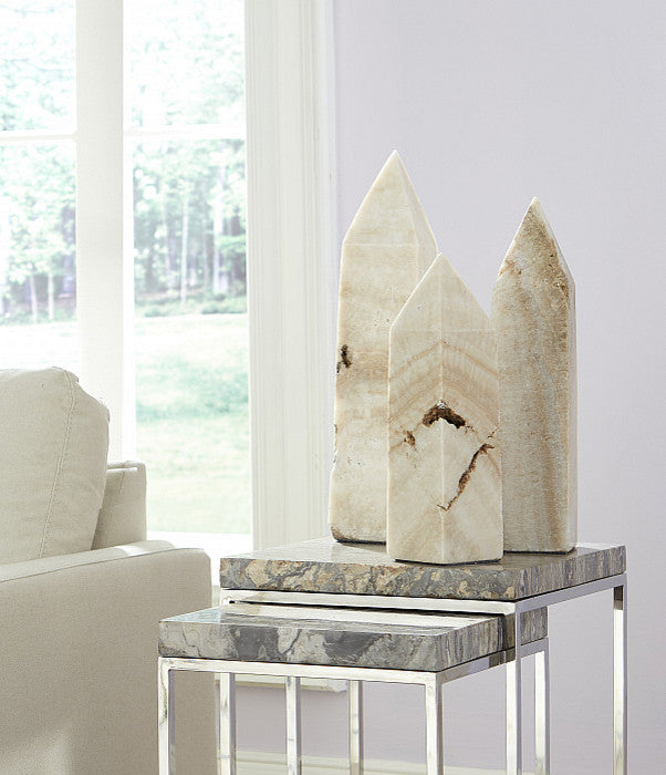 Luxe Natural Stone Obelisk Sculpture 18",  Geometric Alabaster White Minimalist