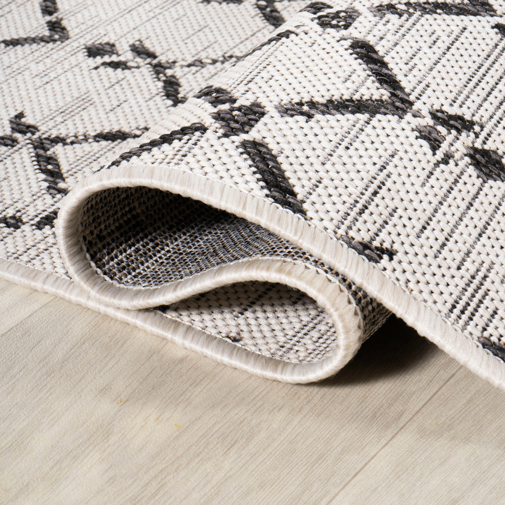 Ourika Moroccan Geometric Indoor/Outdoor Rug, Cream/Black, 5' Square