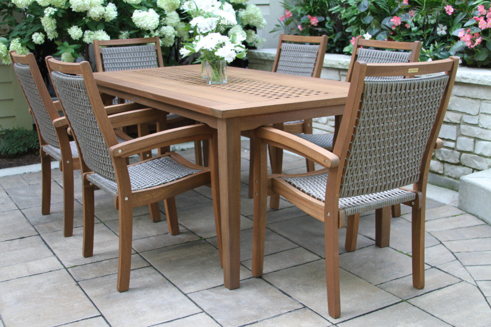 7-Piece Eucalyptus Checkerboard Dining Set With Wicker Chairs
