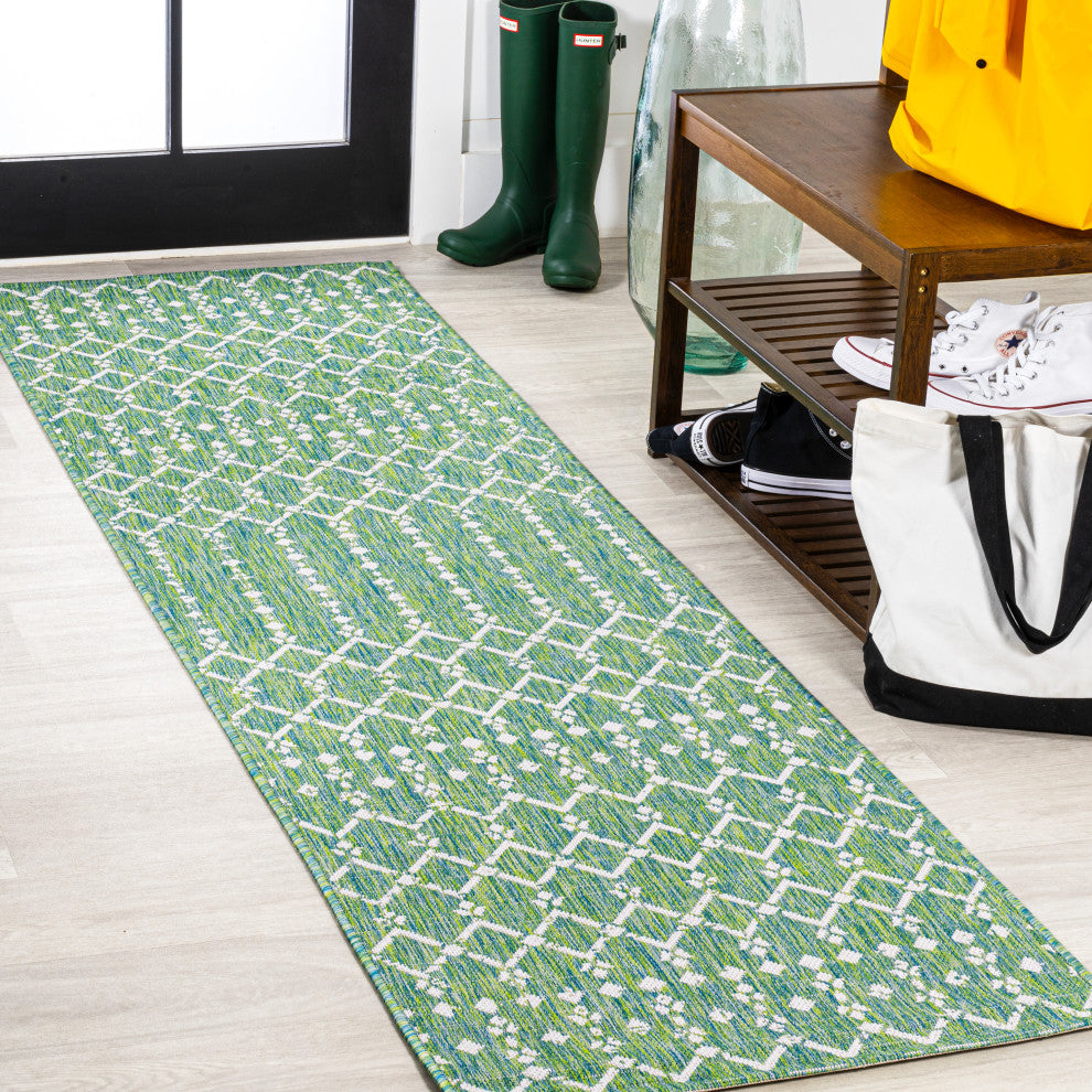 Ourika Moroccan Geometric Indoor/Outdoor Rug, Ivory/Green, 2x8