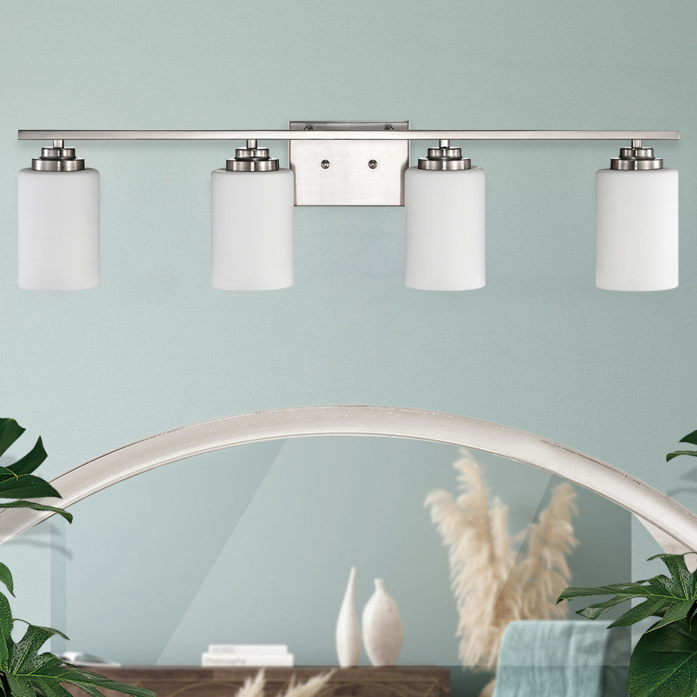 4-Light Brushed Nickel Vanity Lights With White Etched Glass Shades
