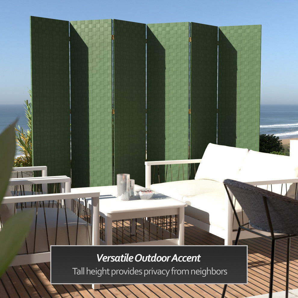 6 ft. Tall Woven Fiber Outdoor All Weather Room Divider 6 Panel Green