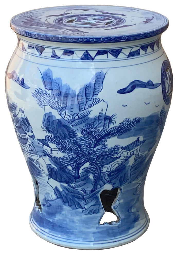 Chinese Blue and White Porcelain Mountain Tree Small Round Stool Table Hcs7405