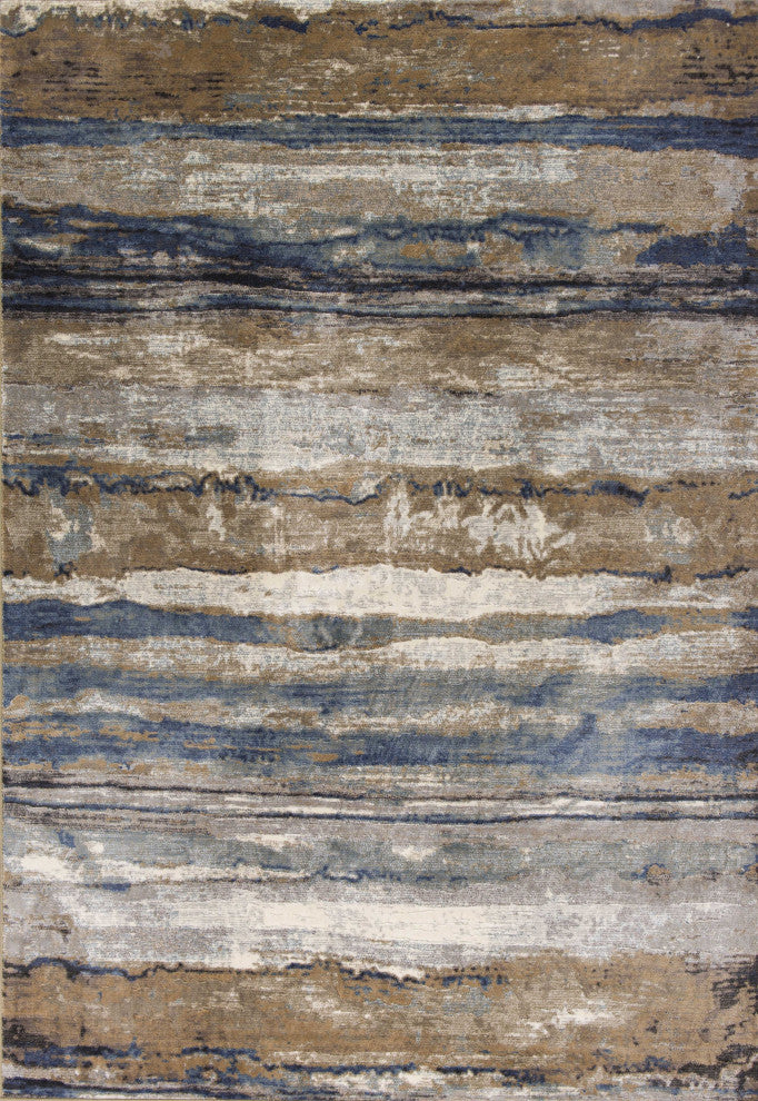 HomeRoots 5' x 8' Ivory or Blue Abstract Brushstrokes Viscose Indoor Area Rug