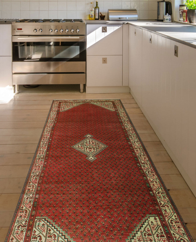 Fine Vintage Distressed Dziko Red/Ivory Runner, 3'4x10'0