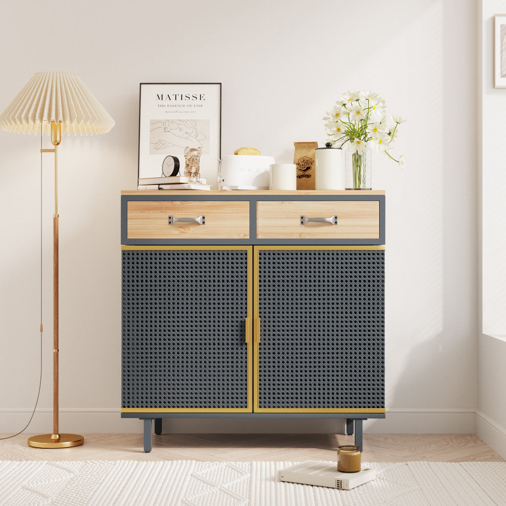 32" Tall Metal 2-door Accent Cabinet with 2-drawer, Dark Gray