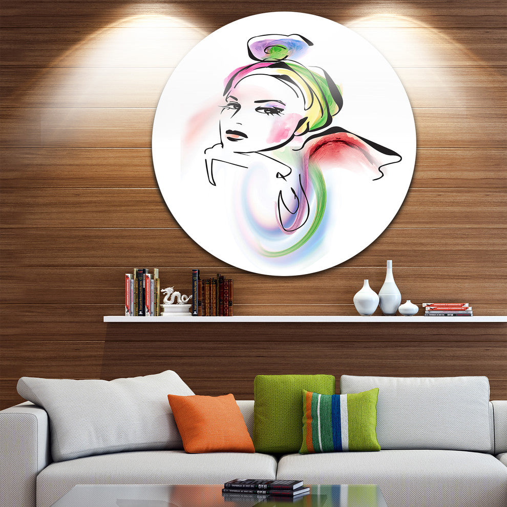 Drawing Portrait Of Woman, Digital Round Wall Art, 23"