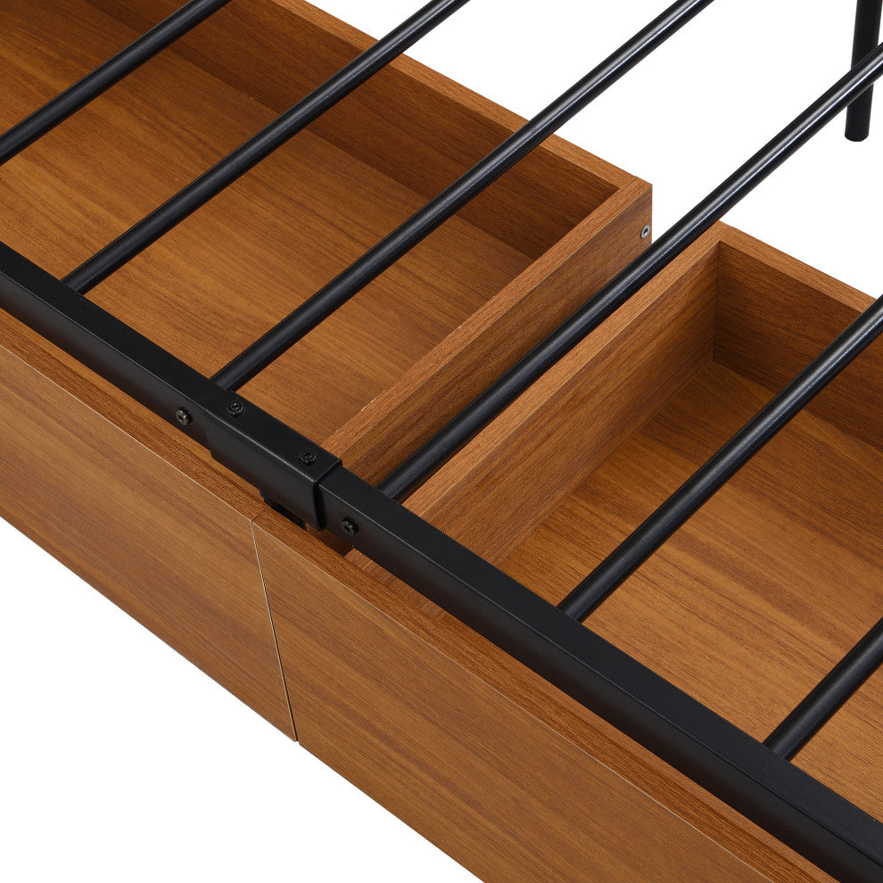Full/Queen Metal Frame Wood Platform Bed with Four Drawers, Sockets and USB Port