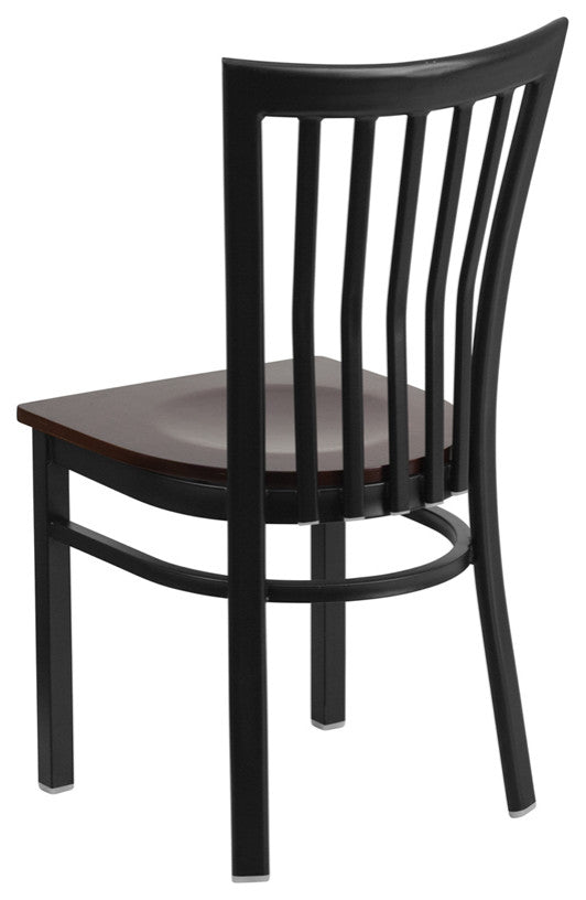Black School House Back Metal Restaurant Chair, Walnut Wood Seat