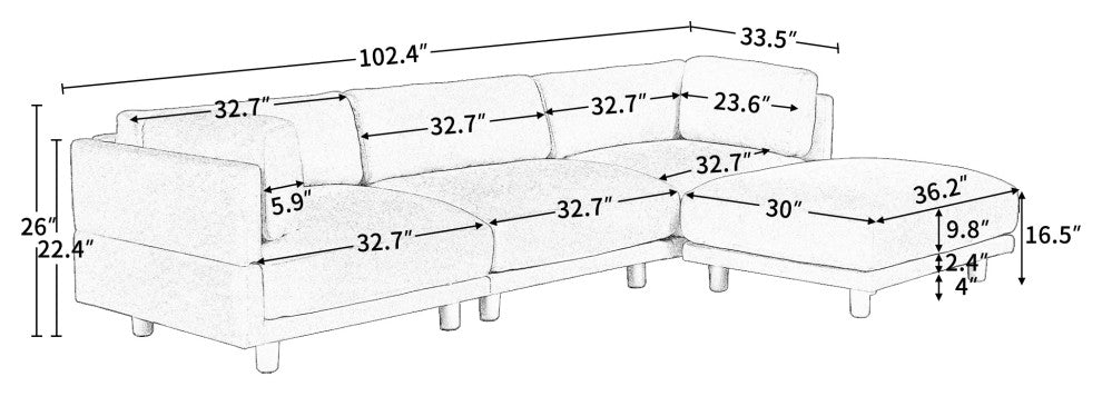 L Shaped Couch Upholstered Convertible Sectional Sofa with Ottoman, Gray