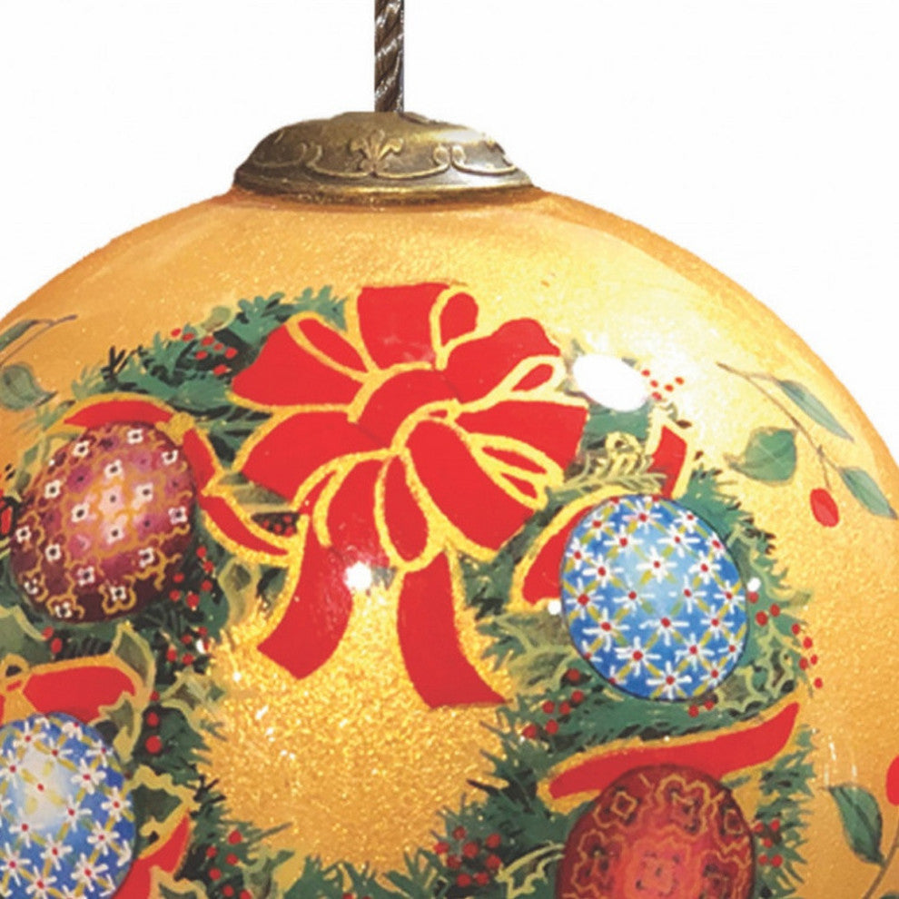 Holly and Wreath With Colorful Balls Hand Painted Mouth Blown Glass Ornament