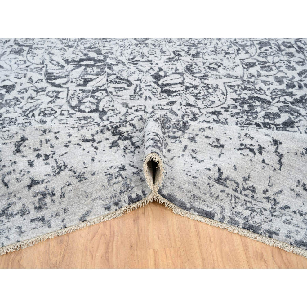 Gray Hand Knotted Erased Persian Design Wool and Silk Oversized Rug 14'2"x18'0"