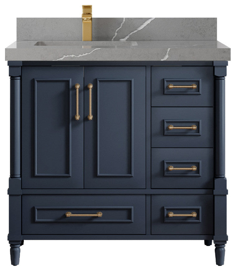 Aberdeen 36 Left Offset Bath Vanity in Hale Navy Blue  2" Piatra Gray