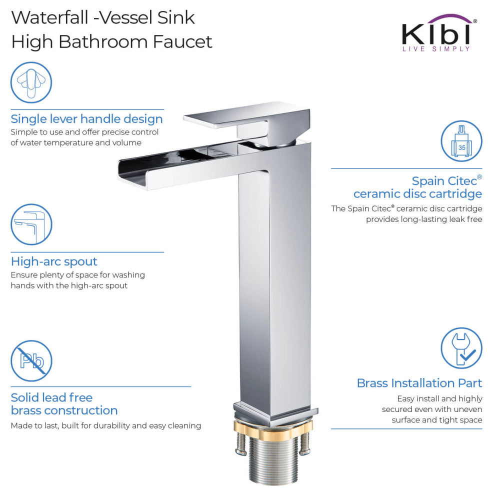 Waterfall Single Handle Vessel Sink Faucet KBF1005, Chrome, W/ Drain
