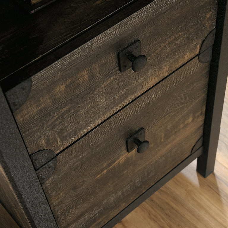 Farmhouse Desk, L-Shaped Design With Metal Base & Lower Drawers, Carbon Oak