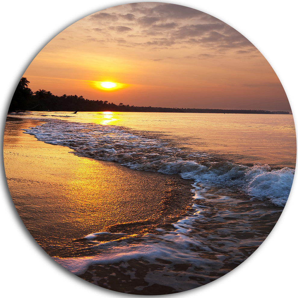 White Foaming Waves At Sunset, Modern Beach Round Wall Art, 11"