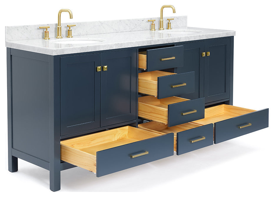 ARIEL Cambridge 73" Rectangle Sinks Bath Vanity White Quartz Midnight Blue