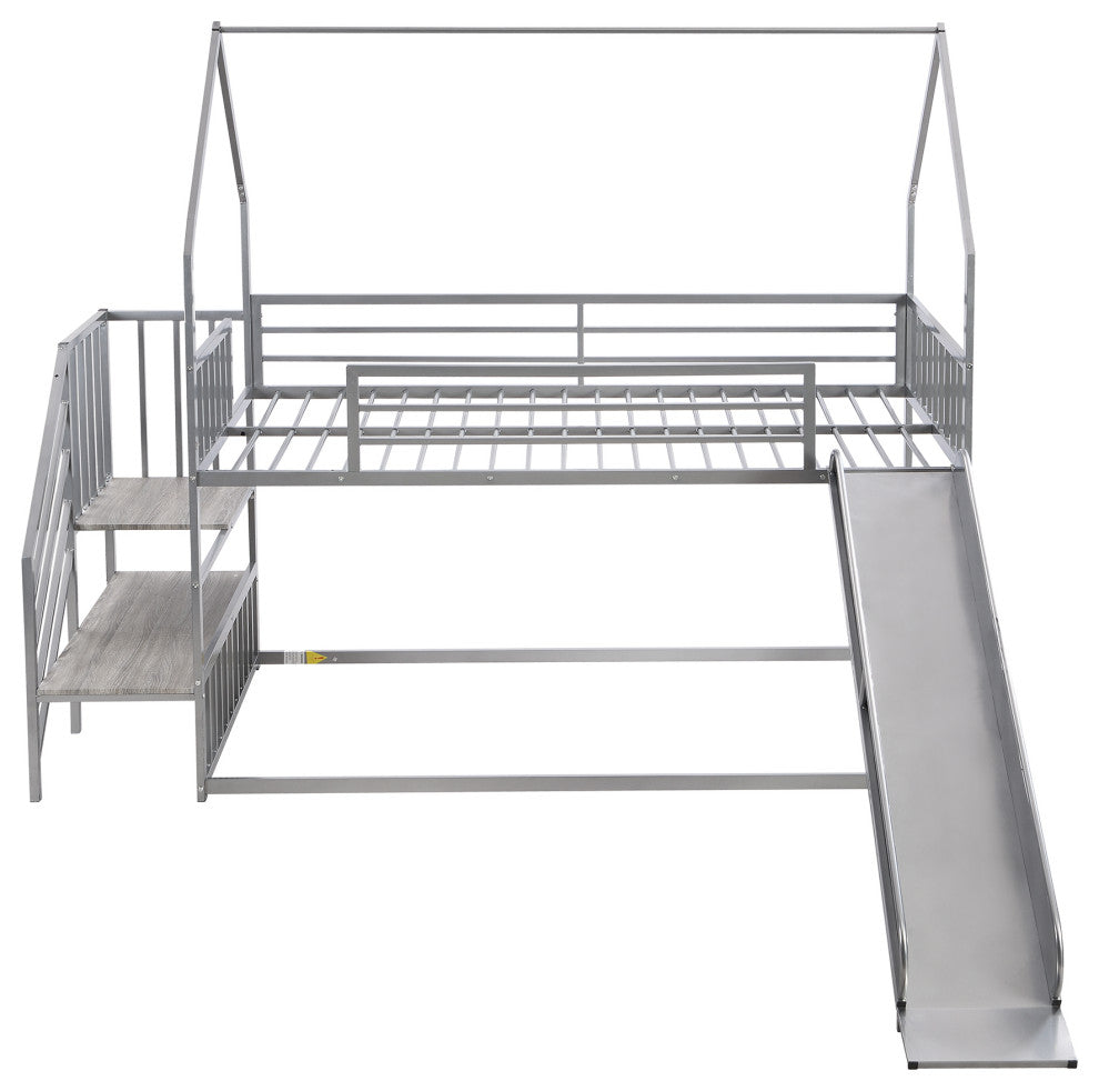Gewnee Twin over Twin Metal Bunk Bed House Bed with Slide and Staircase
