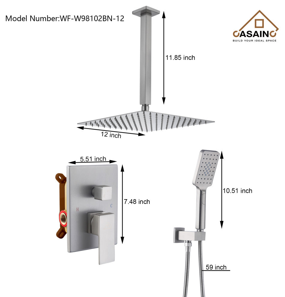 CASAINC 12" Ceiling Mounted Modern Waterfall Shower System Set, Brushed Nickel