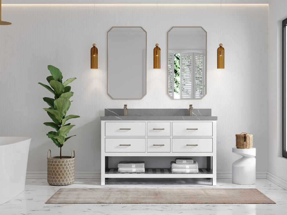 Parker 60 Double Sink Bathroom Vanity in White 2" Piatra Gray