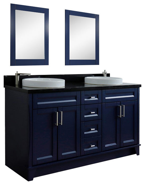61" Double Sink Vanity, Blue Finish And Black Galaxy Granite And Round Sink