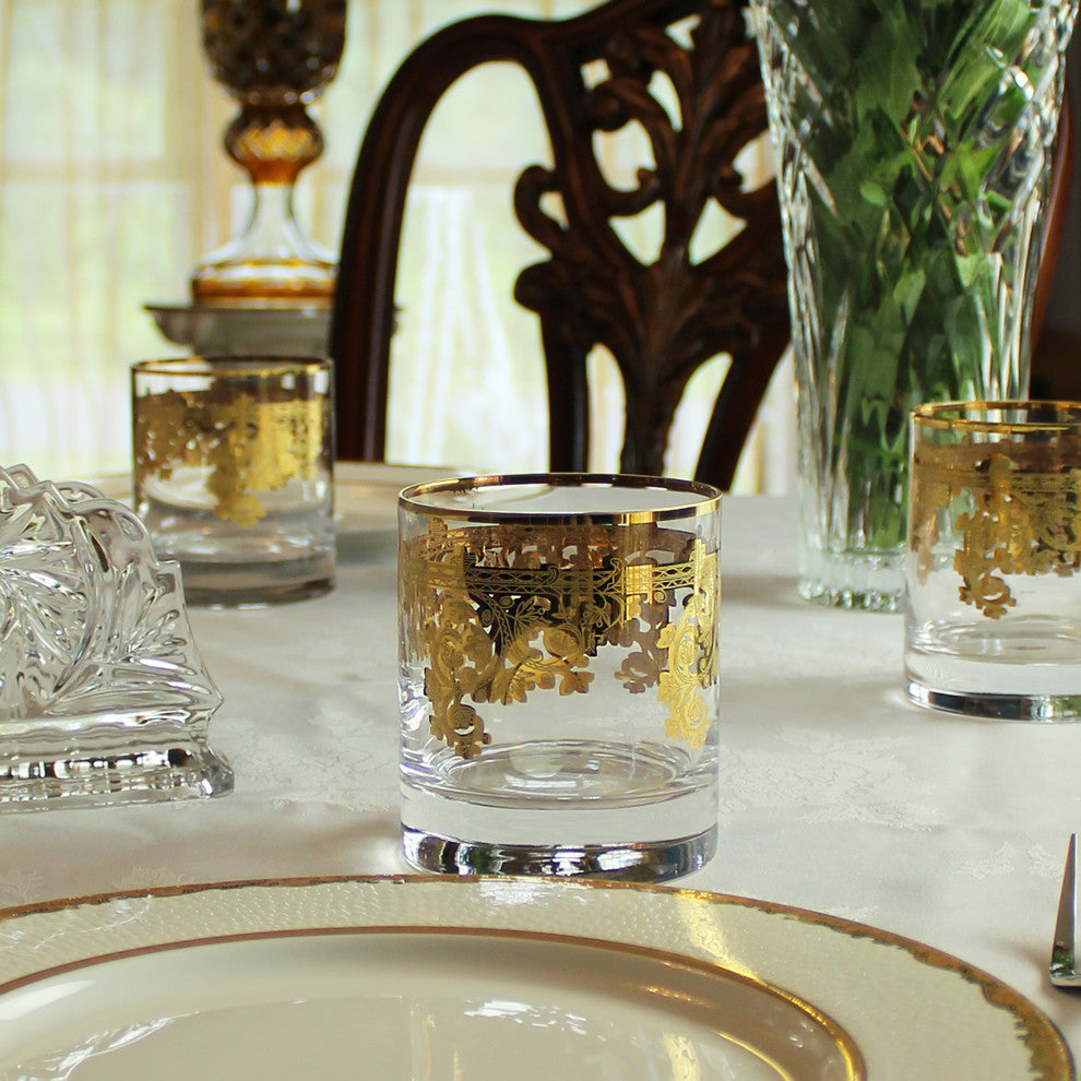 Set of 4 Embellished 24K Gold Crystal Double Old Fashion-Made In Italy